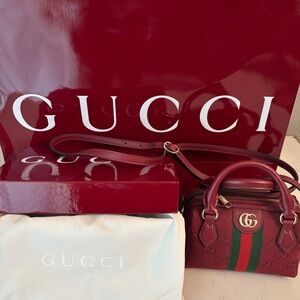 Gucci Monogram Calfskin Web Mini Ophidia Too Handle Bowler Bag Rossi Encora